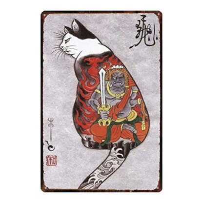 8x12 Inch Tin Sign Japanese Samurai Cat Tattoo Pet Cat Sign Metal Animal Tin Sign Vintage Dishes for Home Wall Art Retro Decor