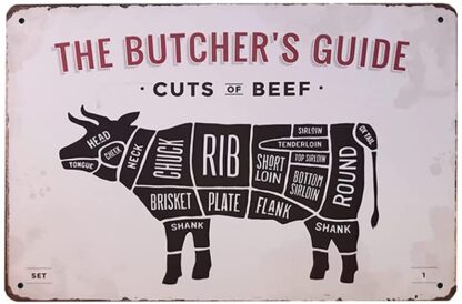 8x12 inch The Butcher's Guide Series Beef Metal Tin Sign Retro Vintage Wall Plaque for Restaurant Kitchen Farmhouse Wall Decor