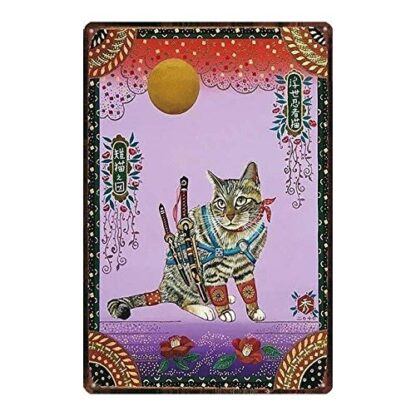 8x12 Inch Tin Sign Japanese Samurai Cat Tattoo Pet Cat Sign Metal Animal Tin Sign Vintage Dishes for Home Wall Art Retro Decor