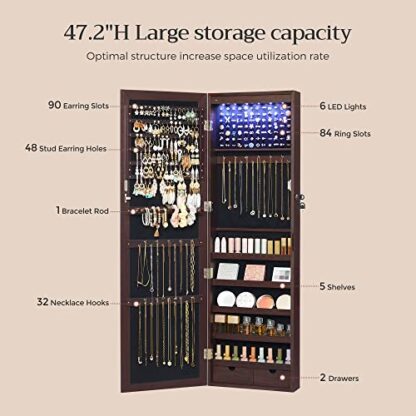 Brown 6 LEDs Mirror Jewelry Cabinet Lockable 47.2" H Wall/Door Mounted Jewelry Armoire Organizer, 2 Drawers - Image 4