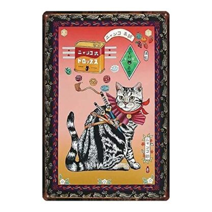 8x12 Inch Tin Sign Japanese Samurai Cat Tattoo Pet Cat Sign Metal Animal Tin Sign Vintage Dishes for Home Wall Art Retro Decor