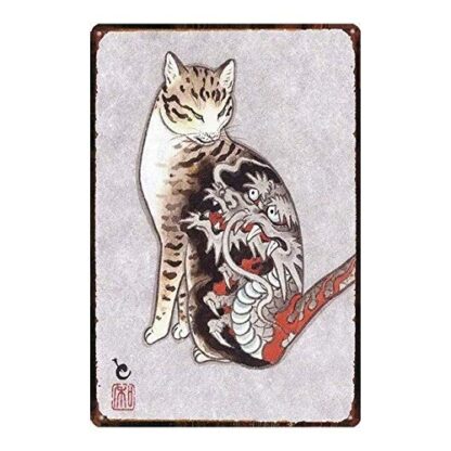 8x12 Inch Tin Sign Japanese Samurai Cat Tattoo Pet Cat Sign Metal Animal Tin Sign Vintage Dishes for Home Wall Art Retro Decor