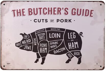 8x12 inch Pig The Butcher's Guide Series Metal Tin Sign Retro Vintage Wall Plaque for Restaurant Kitchen Farmhouse Wall Decor