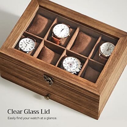 8-Slot Rustic Walnut Solid Wood Watch Box, Watch Case with Pillows, Glass Lid, for Men - Image 6