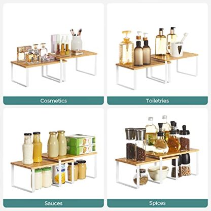 Set of 2 White + Natural Cabinet Shelf Organizers, Kitchen Counter Shelves, Stackable, Expandable, Metal and Bamboo - Image 2