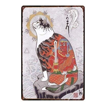 8x12 Inch Tin Sign Japanese Samurai Cat Tattoo Pet Cat Sign Metal Animal Tin Sign Vintage Dishes for Home Wall Art Retro Decor