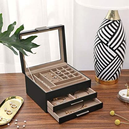 Black Jewelry Box with Glass Lid,3-Layer Jewelry Organizer with 2 Drawers, for Loved Ones - Image 3