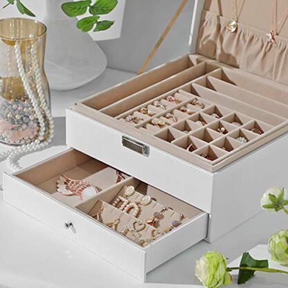 White Jewelry Box, 3 Layers Jewelry Organizer with Removable Tray, Drawer, for Necklaces, Earrings, Rings - Image 5