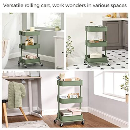 3-Tier Olive Green Metal Rolling Cart, Utility Cart, Kitchen Cart with Adjustable Shelves, Storage Trolley with 2 Brakes, Easy Assembly, for Kitchen - Image 5