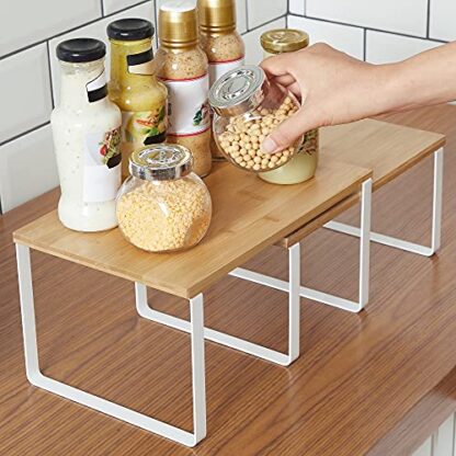 Set of 2 White + Natural Cabinet Shelf Organizers, Kitchen Counter Shelves, Stackable, Expandable, Metal and Bamboo - Image 6