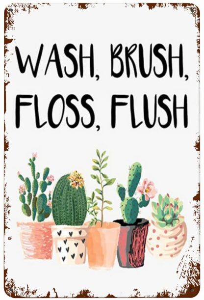 8x12 inch Wash Brush Floss Flush Sign Bathroom Decor Cactus Farmhouse Bathroom Wall Art Succulent Home Decor Quotes Tin Signs for Kitchen