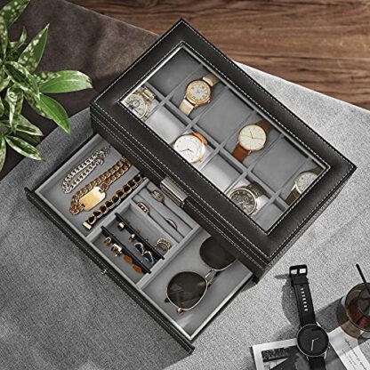 Black + Gray 12-Slot Watch Box, Watch Organizer, Lockable Jewelry Display Case with Real Glass Top, Black Synthetic Leather, Gray Lining - Image 7