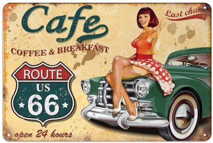 8x12 inch USA Route 66 Cafe and Breakfast Wall Metal Poster Plaque Warning Tin Sign Vintage Iron Painting Decoration Funny Hanging Crafts for Office