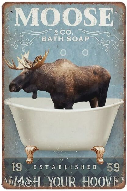 8x12 inch Moose & Co. Bath Soap Wash Your Hooves Tin Signs, Moose Bathroom Toilet Decor, Retro Funny Metal Sign Vintage Poster Wall Art for Bathroom