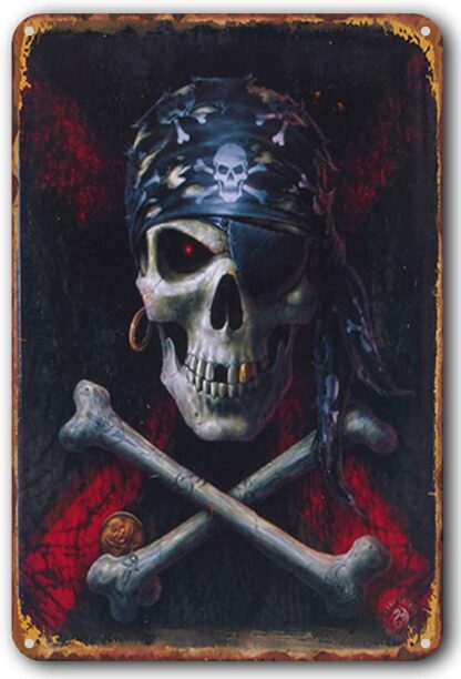 8x12 inch Retro Style Metal Tin Sign-The Pirate Skull Bar Garage Restaurant Cafe Men's Cave Home Wall Decoration Gift for Man Women