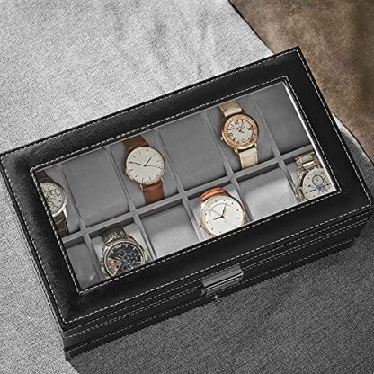 Black + Gray 12-Slot Watch Box, Watch Organizer, Lockable Jewelry Display Case with Real Glass Top, Black Synthetic Leather, Gray Lining - Image 2