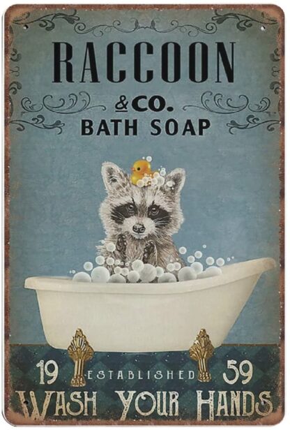 8x12 inch Raccoon & Co. Bath Soap Wash Your Hands Tin Signs, Raccoon Bathroom Poster Toilet Retro Funny Metal Sign Vintage Poster Wall Art for Bathroom