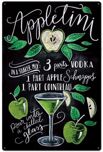 8x12 inch Black Original Design Apple Timi Cocktail Recipe Tin Metal Sign Wall Art, Thick Tinplate Print Poster Wall Decoration Signs for Man Cave/Bar