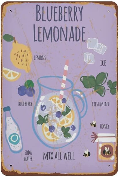 8x12 inch Blueberry Lemonade Recipe Poster Kitchen Decor Restaurant Wall Art Cafe Decor Birthday Gift For Mom Girlfriend Granny Present Novelty Tin Metal