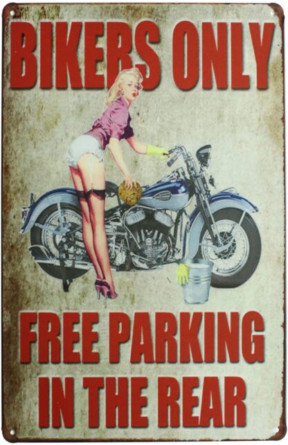 8" x 12" Bikers Only Free Parking in The Rear Motorcycle Girl, Metal Tin Sign, Vintage Art Poster Plaque Garage Home Wall Decor