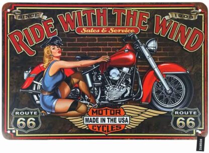 8x12 inch Motor Cycles Pin Up Girl Tin Sign Beautiful Woman Quote with Ride with The Wind Red Backdrop Tin Sign Vintage Metal Tin Signs for Men Women Wall