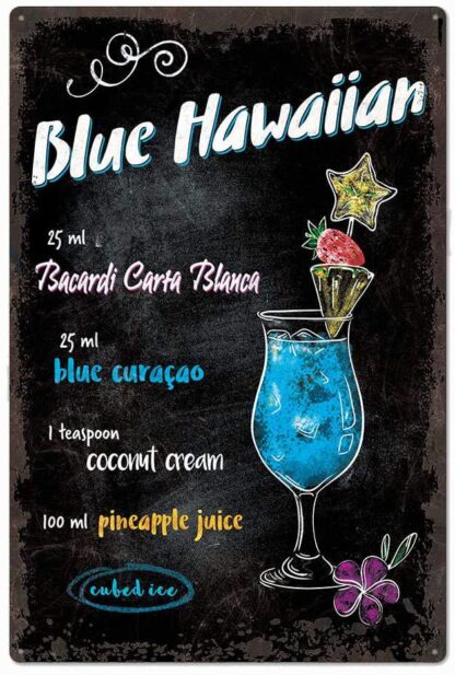 8x12 inch Original Design Blue Hawaiian Cocktail Recipe Tin Metal Wall Art Poster, Thick Tinplate Wall Decoration Signs for Man Cave/Bar