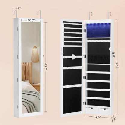 White 6 LEDs Mirror Jewelry Cabinet, 47.2"H Lockable Wall/Door Mounted Jewelry Armoire Organizer with Mirror, 2 Drawers - Image 2