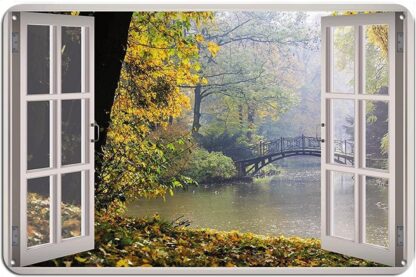 8x12 inch Retro Tin Sign Rainy Nature Lake Window Autumn Lake Metal Tin Sign Wall Decor for Home Cafes Pubs Club Sign Gift Plaque Metal Tin