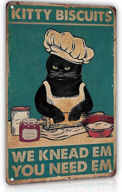 8x12 inch Cat Kitty Kitchen Vintage Metal Tin Sign - Kitty Biscuits We Knead Em You Need Em - Funny Cute Black Cat Wall Art Decor Metal Sign for Home