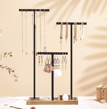 Rustic Brown and Black 2-in-1 Jewelry Display Stand Holder, Jewelry Rack Tree with 3 T-Shape Metal Bars with Holes, Storage Tray, Adjustable, Long Necklace Bracelet