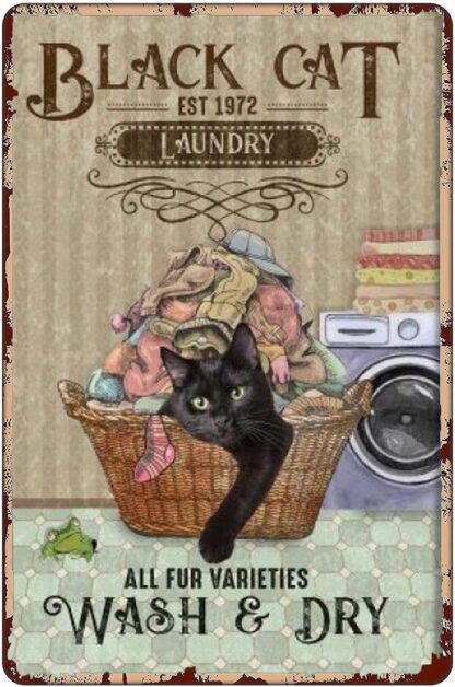 8x12 inch Vintage Metal Tin Sign Black Cat Wash and Dry Laundry Metal Poster Black Cat Clothes Basket Cat Lover Gift Laundry Room Decor Laundry Sign Cat