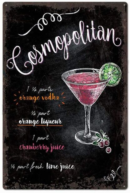 8x12 inch Black Original Design Cosmopolitan Cocktail Recipe Tin Metal Wall Art Poster, Thick Tinplate Wall Decoration Signs for Man Cave/Bar