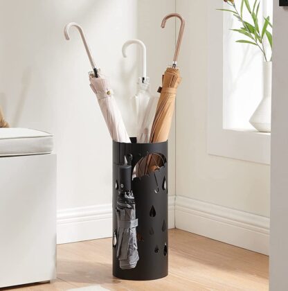 Black Umbrella Holder, Umbrella Stand for Entryway, Steel Umbrella Rack with a Removable Drip Tray and 4 Hooks, 6.7 Dia. x 16.1 Inches