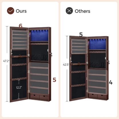 Brown 6 LEDs Mirror Jewelry Cabinet Lockable 47.2" H Wall/Door Mounted Jewelry Armoire Organizer, 2 Drawers - Image 7