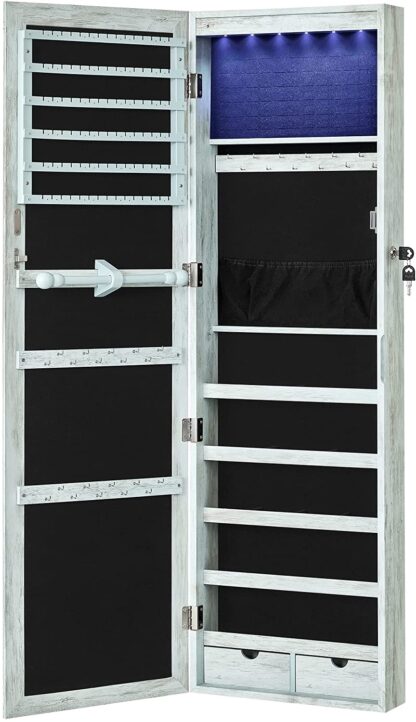 Rustic Green 6 LEDs Jewelry Cabinet Lockable 47.2" H Wall/Door Mounted Jewelry Armoire Organizer with Mirror, 2 Drawers - Image 4