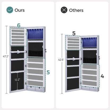 Gray 6 LEDs Cabinet Lockable 47.2" H Wall/Door Mounted Jewelry Armoire Organizer with Mirror, 2 Drawers - Image 3