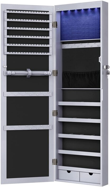 Gray 6 LEDs Cabinet Lockable 47.2" H Wall/Door Mounted Jewelry Armoire Organizer with Mirror, 2 Drawers - Image 2