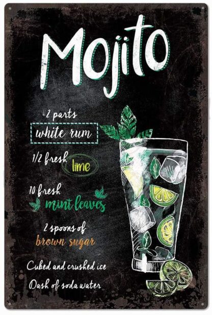 8x12 inch Black Original Design Mojito Cocktail Tin Metal Wall Art Teaching Poster, Thick Tinplate Wall Decoration Signs for Man Cave / Bar