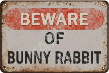 8x12 inch Beware of Bunny Rabbit Iron Poster Vintage Painting Tin Sign for Street Garage Home Cafe Bar Man Cave Farm Wall Decoration Crafts