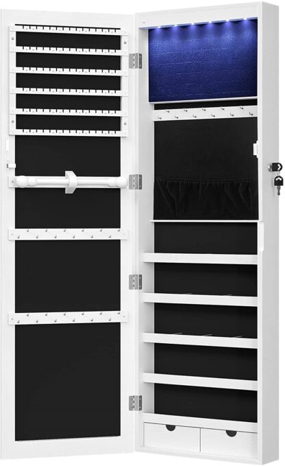 White 6 LEDs Mirror Jewelry Cabinet, 47.2"H Lockable Wall/Door Mounted Jewelry Armoire Organizer with Mirror, 2 Drawers - Image 3