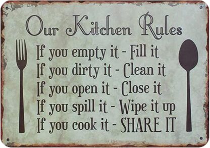 8x12 inch Retro Our Kitchen Rules Metal Signs Vintage Tin Sign for Home Bars Pubs Offices Funny Signs