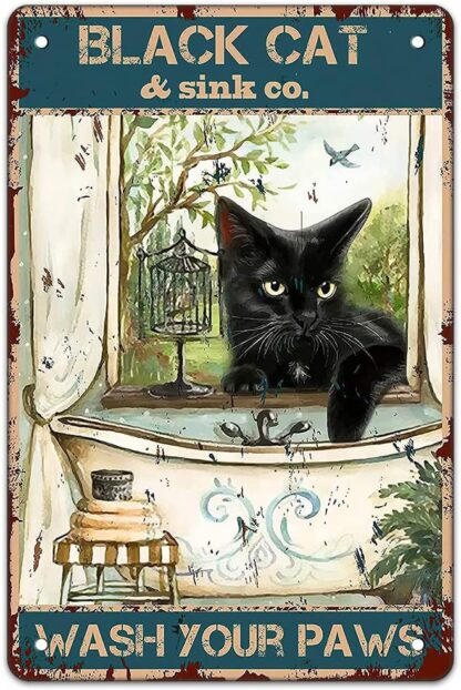 8x12 inch Funny Bathroom Metal Tin Signs Black Cat Wash Your Paws Vintage Tin Signs Man Cave Home Bar Bathroom Cafe Wall Decor