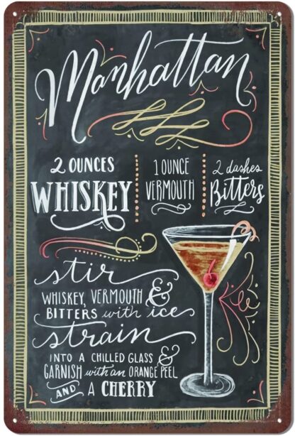 8x12 inch Vintage Cocktail Tin Sign, Cocktail Recipe Metal Tin Sign, Cocktail Sign Bar Home Decoration