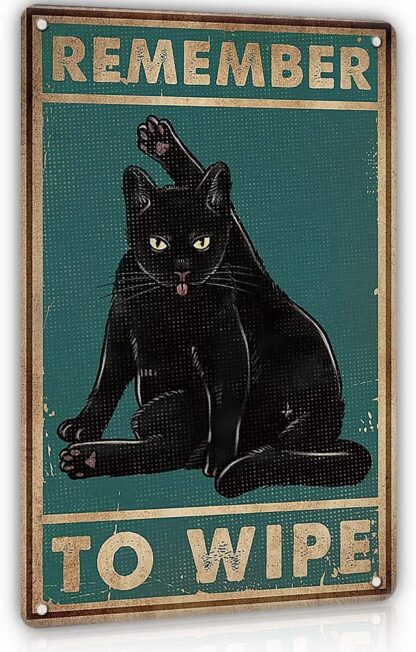 8x12 inch Black Cat Decor Metal Tin Sign - Remember to Wipe - Cat Funny Metal Poster Bathroom Wall Decor Sign for Toilet, Home Decor, Restroom, Apartment