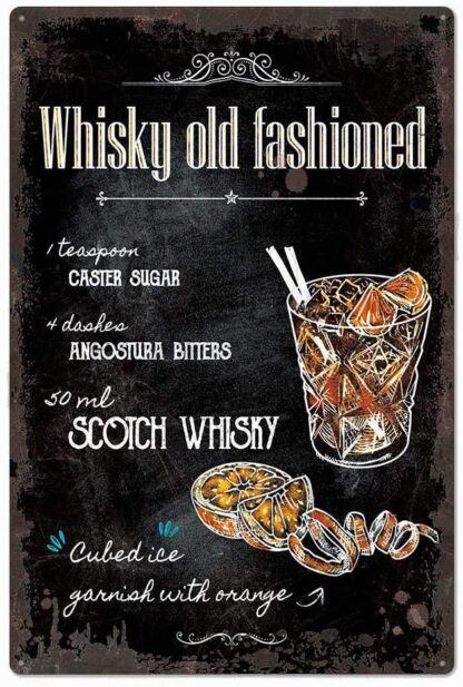 8x12 inch Black Original Design Cocktail Recipe Tin Metal Signs Wall Art| Whisky Old Fashioned |Thick Tinplate Print Poster Wall Decoration for Man Cave/Bar