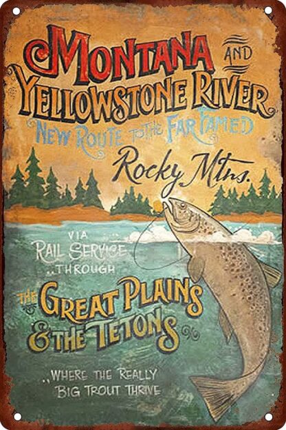 8x12 inch Fishing Metal Tin Sign Montana and Yellowstone River Vintage Wall Decor Aluminum Poster for Home Bedroom Cafe Garage