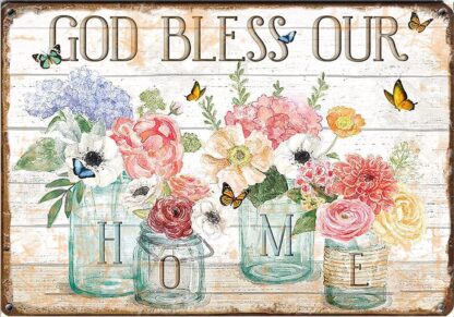 8x12 inch God Bless Our Home Funny Gift for Him Or Her Home Novelty Retro Parlor Cafe Store Mural Metal Tin Signs Wall Decor