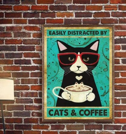 8x12 inch Custom Metal Signs Outdoor Personalized Easily Distracted by Cats & Coffee Metal Sign Black Cat Metal Sign Cat Lovers Gift Coffee Metal Sign Cat