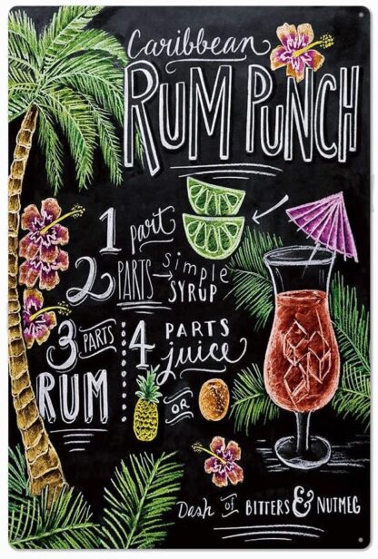 8x12 inch Black Original Design Rum Runch Cocktail Recipe Tin Metal Sign Wall Art Poster, Thick Tinplate Wall Decoration Signs for Man Cave/Bar