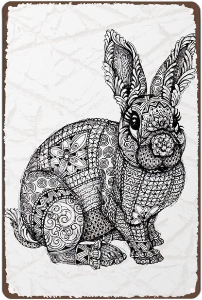 8x12 inch Metal Tin Retro Sign Rabbit Beautiful Painting Peaceful Black and White Animal Calm Nursery Gift Art Poster Print Vintage Art Wall Poster